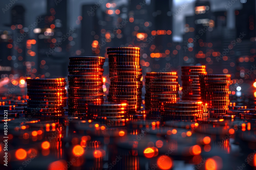 Obraz premium 3D rendering of stacks coins on city background, orange light, bokeh effect, high resolution photography 