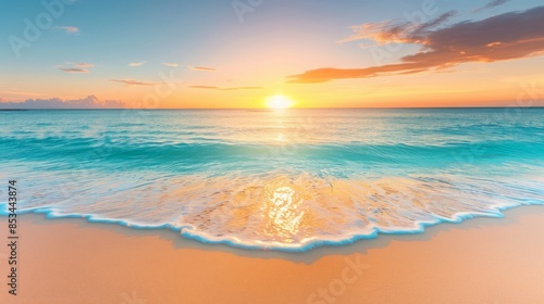 A vibrant sunset paints the sky over a tranquil ocean, with gentle waves lapping at the sandy shore.