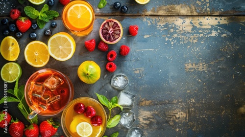 There is a variety of drinks, including natural fruitbased beverages, on the table made with ingredients such as plum tomatoes, cherry tomatoes, and bush tomatoes AIG50 photo