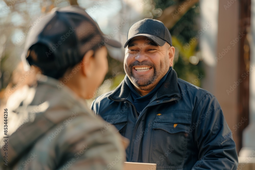Fototapeta premium Delighted customer receiving a package from a courteous delivery worker, showcasing reliability and professionalism in the delivery process.