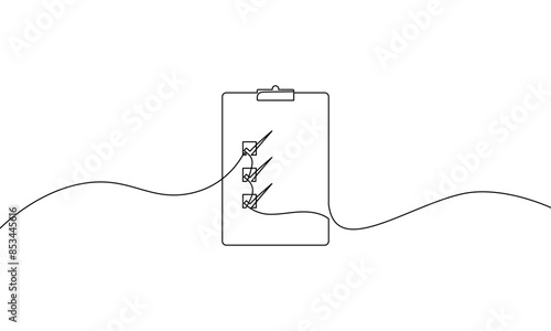 Clipboard with check. Continuous one line drawing of business icon. Single line art of check mark