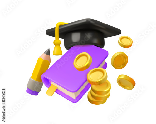 Scholarship cartoon vector 3d icon. Student loan illustration. Investment in education and knowledge concept. Financial and accounting course ad. Mortarboard, pencil, book and falling coins