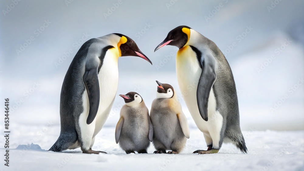 Fototapeta premium Penguins Playing with Baby on Snow, White Background