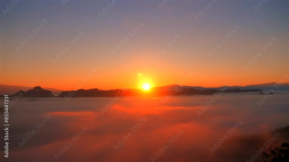 Serene sunrise over misty mountain landscape with vibrant orange and pink hues in sky. Tranquil early morning scene showcasing natural beauty, peace, and calmness. Outdoor nature and scenic view Serene sunrise over misty mountain landscape with vibrant orange and pink hues in sky. Tranquil early morning scene showcasing natural beauty, peace, and calmness. Outdoor nature and scenic view