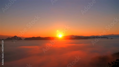 Wallpaper Mural Serene sunrise over misty mountain landscape with vibrant orange and pink hues in sky. Tranquil early morning scene showcasing natural beauty, peace, and calmness. Outdoor nature and scenic view Torontodigital.ca