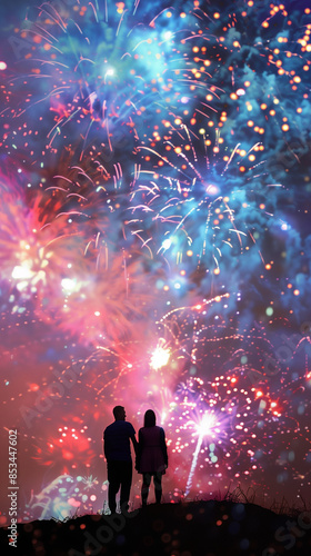 Couple Enjoying Colorful Fireworks Display