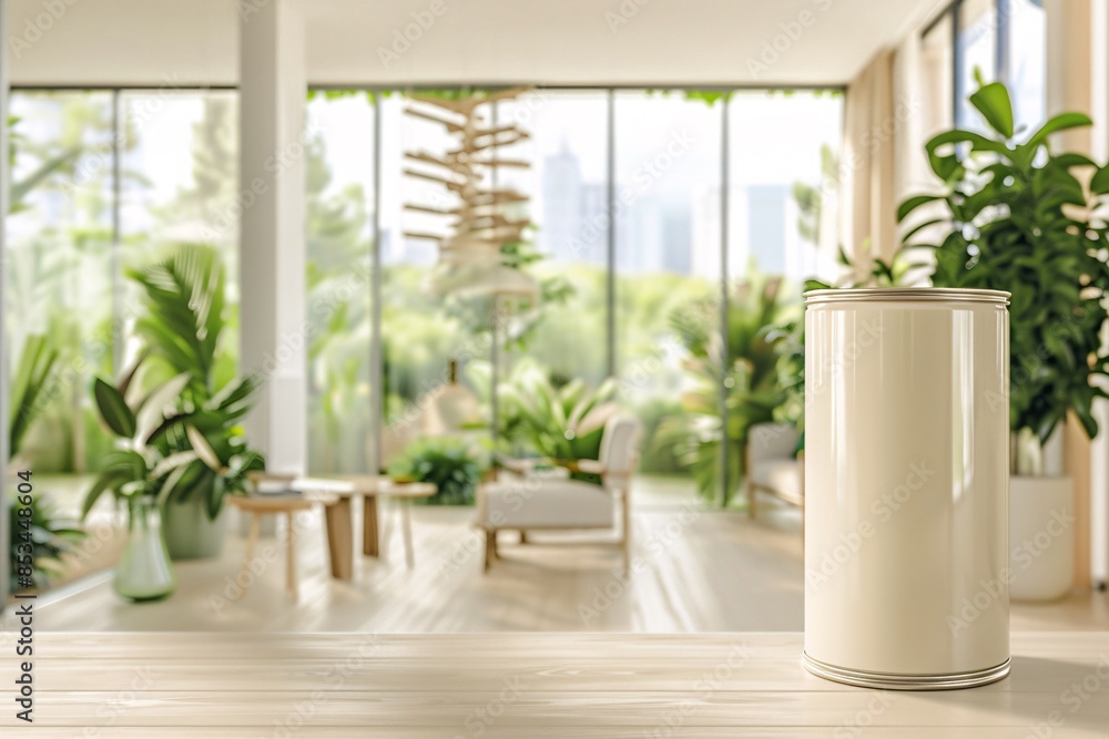 a lifestyle stock photography of Eco-friendly paint can with natural color pigments and organic certification; sleek, modern design. Interior room with large windows, green plants, natural wood a lifestyle stock photography of Eco-friendly paint can with natural color pigments and organic certification; sleek, modern design. Interior room with large windows, green plants, natural wood