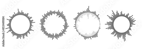 Radial sound wave pattern collection. Circular audio, music or voice icon set. Round wavy equalizer spectrum symbol pack. Black circle sunburst bundle. Vector soundwave elements