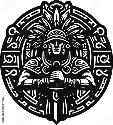 aztec warrior in silhouete with celtic knot pattern illustration