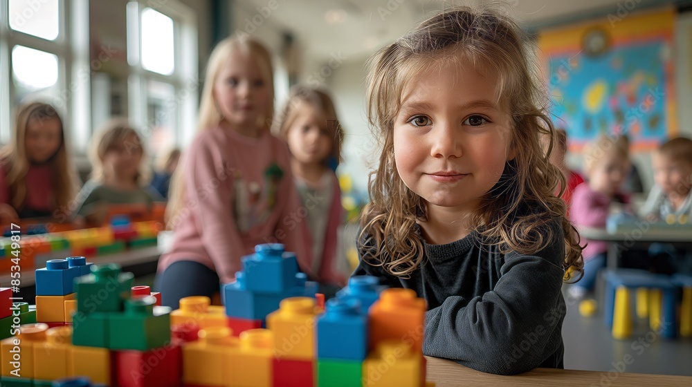 classroom with 4-year-old children playing with blocks, classroom with 4-year-old children playing with blocks,