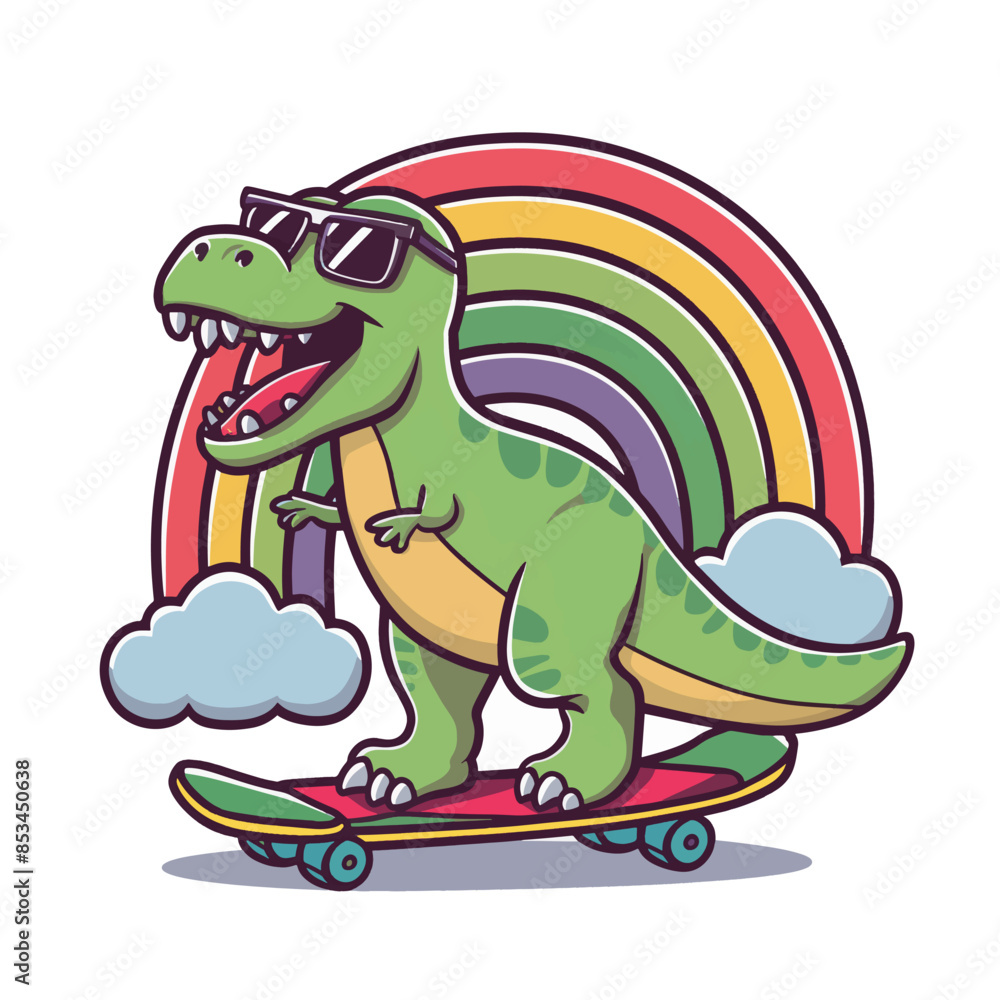 Fototapeta premium Scateboarding cute t-rex with sunglasses behind the rainbow
