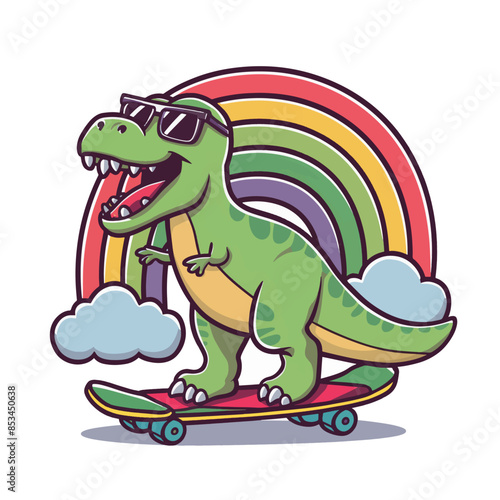 Scateboarding cute t-rex with sunglasses behind the rainbow
