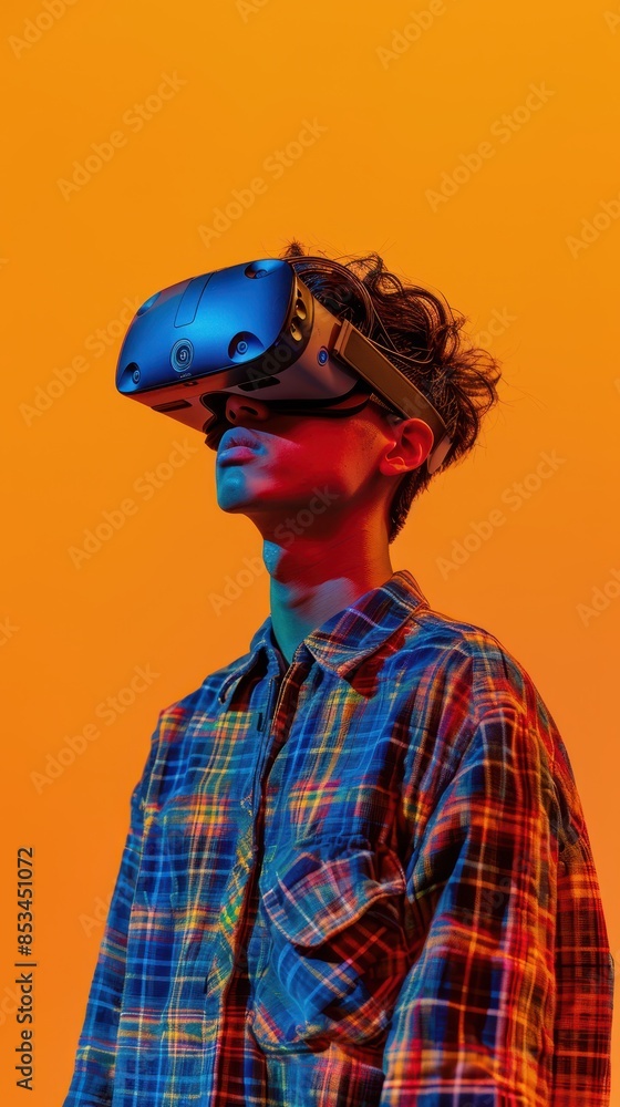 Boy with virtual reality glasses on the orange background. Future technology, VR concept Boy with virtual reality glasses on the orange background. Future technology, VR concept