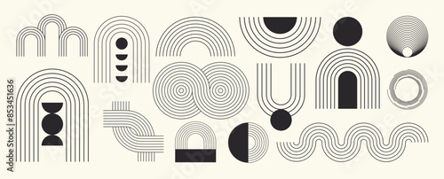 Hand drawn abstract minimal element mid century vector set. Aesthetic contemporary stripe line art, geometric shape in monochrome, black and white. Art form design for wall art, decoration, wallpaper.