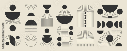 Hand drawn abstract minimal element mid century vector set. Aesthetic contemporary stripe line art, geometric shape in monochrome, black and white. Art form design for wall art, decoration, wallpaper.