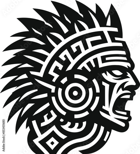  aztec warrior silhouete with Polynesian ethnic pattern illustration
