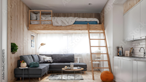 A tiny living room area with a pleasant sofa and a lofted bed above, accessed via a space-efficient ladder photo