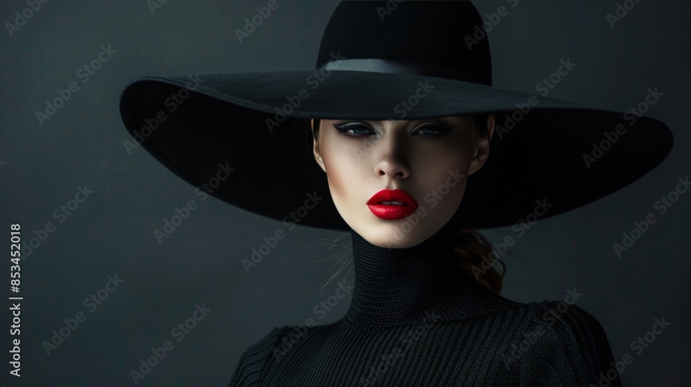 Fashion-forward depiction of a woman in a striking black hat, her posture and attitude exuding confidence, with avant-garde makeup and styling complementing the accessory. Fashion-forward depiction of a woman in a striking black hat, her posture and attitude exuding confidence, with avant-garde makeup and styling complementing the accessory.