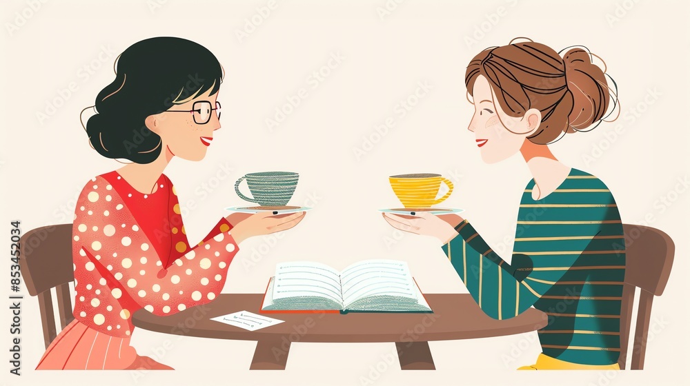 Two young women are sitting at a table in a cafe. They are both holding cups of tea and smiling at each other. There is an open book on the table. Two young women are sitting at a table in a cafe. They are both holding cups of tea and smiling at each other. There is an open book on the table.