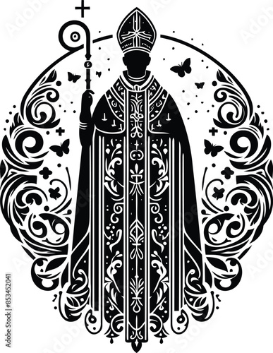 bishop Christianity in silhouete with bohemian nature pattern illustration