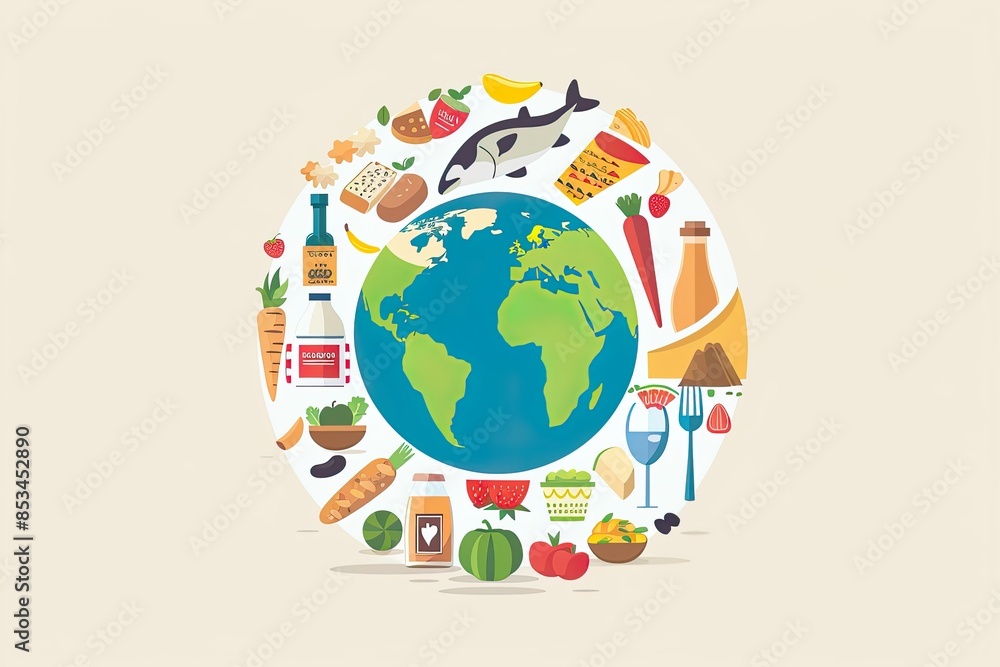 Colorful Food Illustration with Global Map Colorful Food Illustration with Global Map