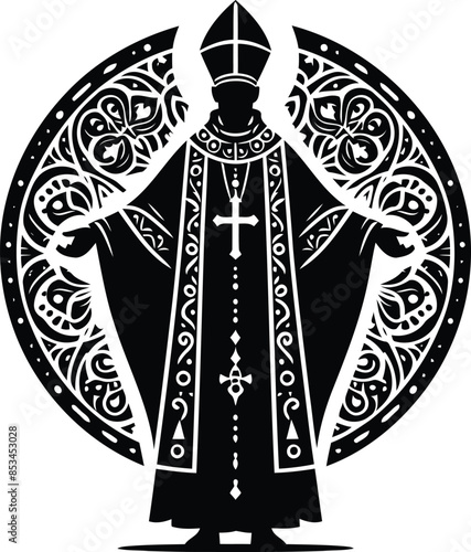 bishop Christianity in silhouete with bohemian nature pattern illustration