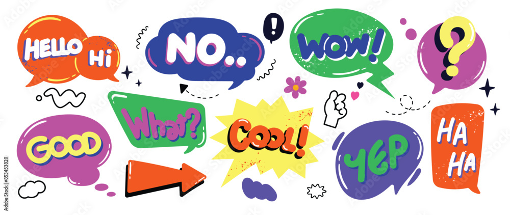 Set of doodle and speech bubble vector. Collection of contemporary figure, speech bubble with text, arrow in funky groovy style. Chat design element perfect for banner, print, sticker. Set of doodle and speech bubble vector. Collection of contemporary figure, speech bubble with text, arrow in funky groovy style. Chat design element perfect for banner, print, sticker.