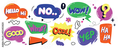 Set of doodle and speech bubble vector. Collection of contemporary figure, speech bubble with text, arrow in funky groovy style. Chat design element perfect for banner, print, sticker.
