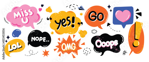 Set of doodle and speech bubble vector. Collection of contemporary figure, speech bubble with text, arrow in funky groovy style. Chat design element perfect for banner, print, sticker.