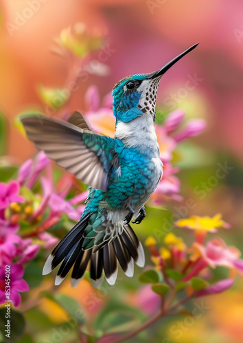 A vibrant hummingbird colibri near a flower in a tropical rainforest, capturing the beauty of nature and wildlife in action.