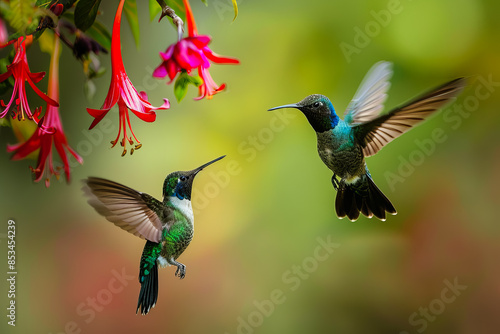 A vibrant hummingbird colibri near a flower in a tropical rainforest, capturing the beauty of nature and wildlife in action. photo