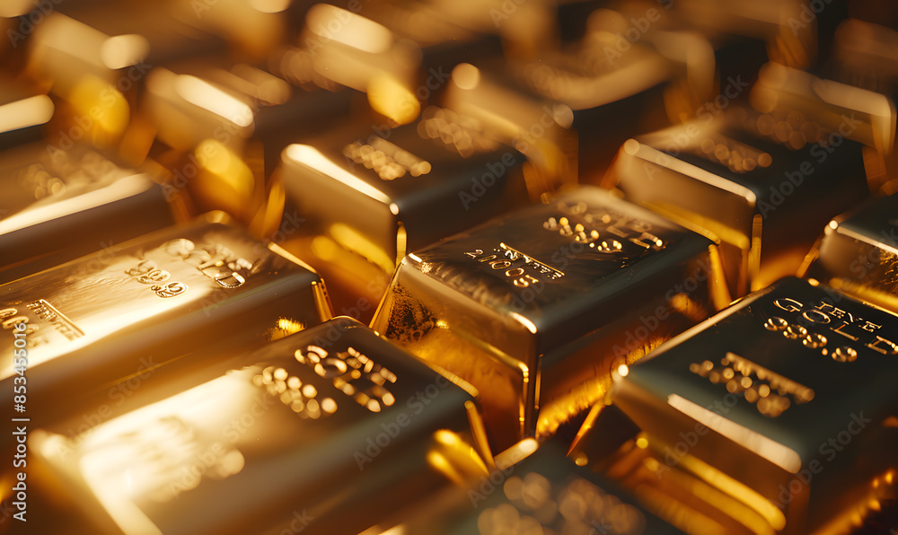 Close-up of gold bars with intricate engravings, reflecting ambient light, symbolizing luxury and stability Close-up of gold bars with intricate engravings, reflecting ambient light, symbolizing luxury and stability
