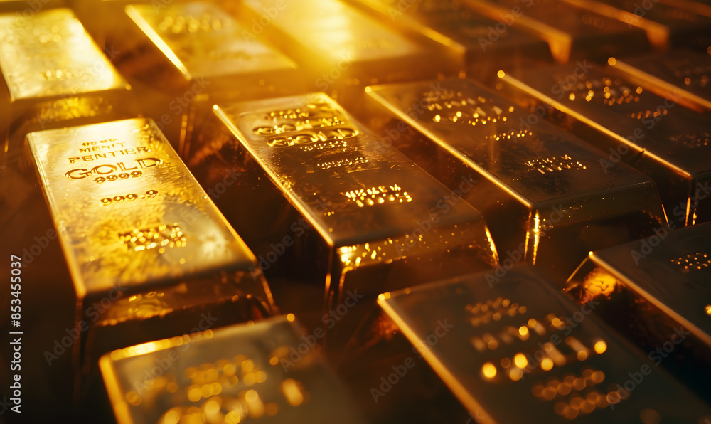 Close-up of gold bars with intricate engravings, reflecting ambient light, symbolizing luxury and stability Close-up of gold bars with intricate engravings, reflecting ambient light, symbolizing luxury and stability