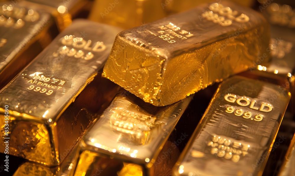 Close-up of gold bars with intricate engravings, reflecting ambient light, symbolizing luxury and stability Close-up of gold bars with intricate engravings, reflecting ambient light, symbolizing luxury and stability