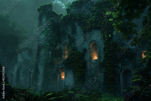 A forgotten castle ruins, with ivy-covered walls glowing softly in the night photo