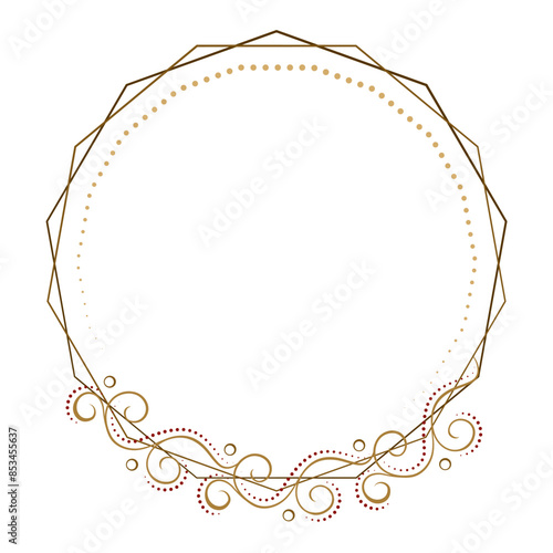 Ornate circular polygonal frame featuring intricate gold and red swirls, perfect for invitations, announcements, or decorative designs.