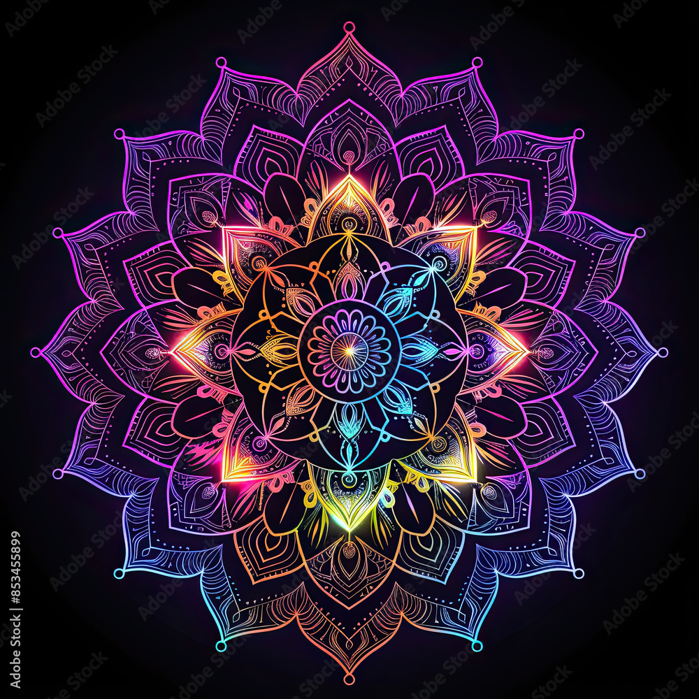 Intricate mandala with vibrant geometric patterns on black background, glowing light effects.
