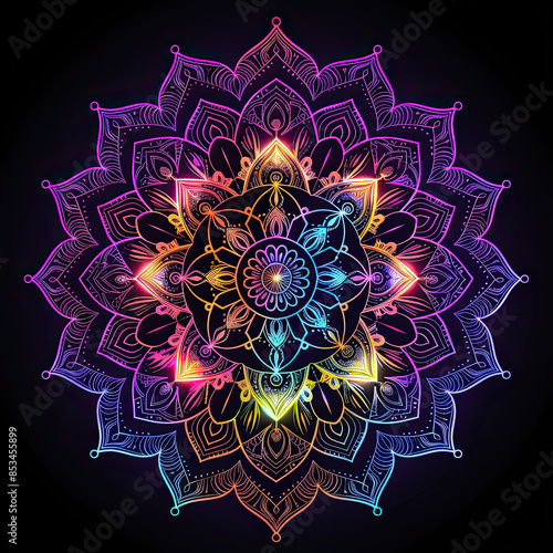 Obraz na płótnie Intricate mandala with vibrant geometric patterns on black background, glowing light effects. w salonie