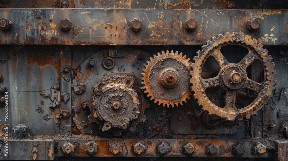 Rustic old gear wheels set against a modern industrial backdrop, showing the evolution of machinery Rustic old gear wheels set against a modern industrial backdrop, showing the evolution of machinery