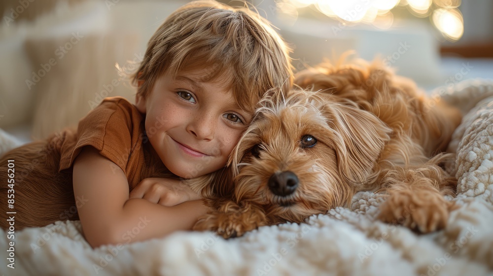 adorable kid hugging furry dog at cozy home. adorable kid hugging furry dog at cozy home.