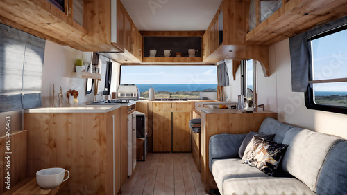 Interior view of a tiny house with a sofa that converts into a bed, and a coffee table that doubles as storage space photo