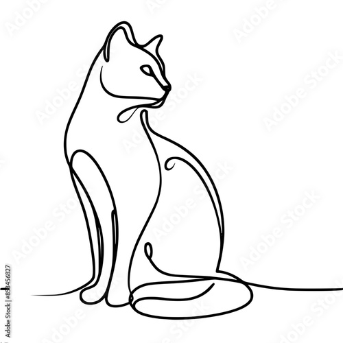 Minimalistic outline of a cat sitting made with one continuous line, vector silhouette in black line on white background