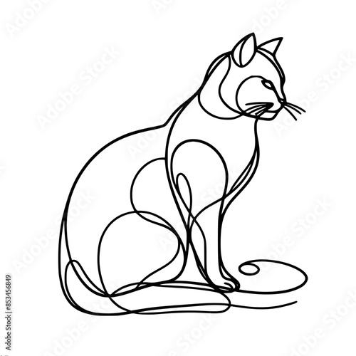 A minimalistic outline of a sitting cat, with a tail wrapped around its body, made in one continuous line, vector silhouette with a black line on a white background