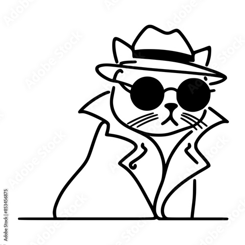 Stylized drawing of a cat in a hat and sunglasses, a mysterious detective, vector drawing in one continuous black line