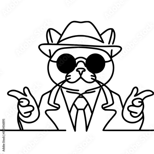 Stylized drawing of a cat in a hat and sunglasses, gangster cat, vector drawing with one continuous black line