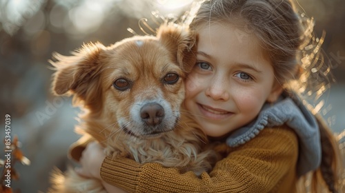 adorable kid hugging furry dog outdoor © Алина Бузунова