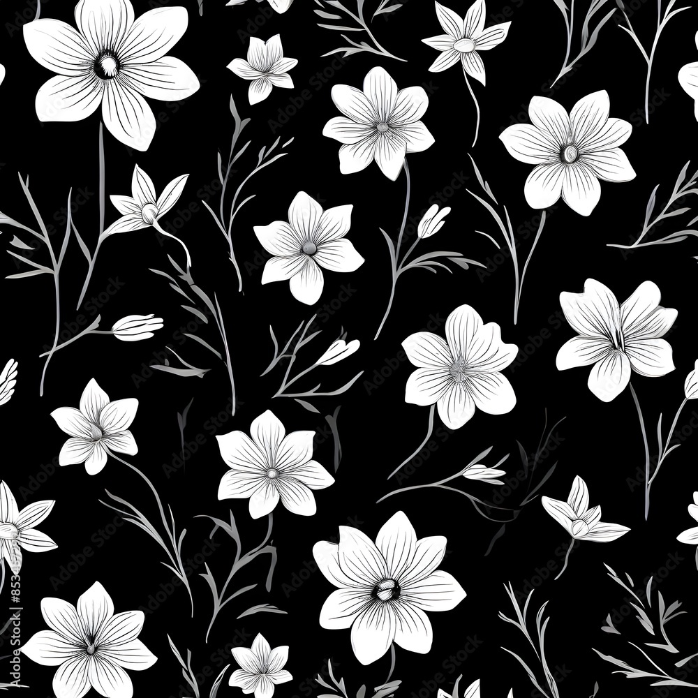 seamless pattern with flowers Classic black and white floral pattern with striking white flowers on a dark background seamless pattern with flowers Classic black and white floral pattern with striking white flowers on a dark background