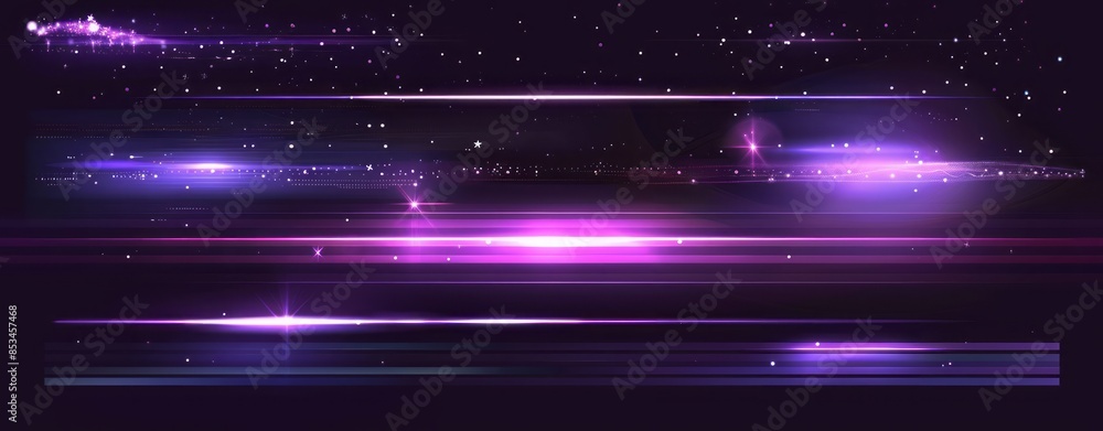 Obraz premium Abstract glowing purple light effect set with horizontal lines and stars on dark background