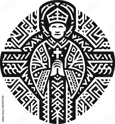 bishop Christianity in silhouete with Polynesian ethnic pattern illustration