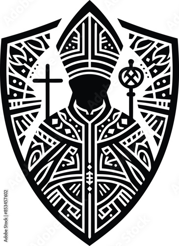 bishop Christianity in silhouete with Polynesian ethnic pattern illustration